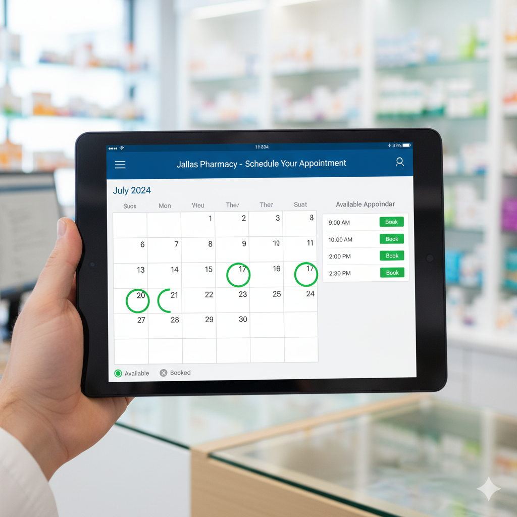 Online appointment booking calendar for Jallas Pharmacy services - Book flu vaccination, COVID-19 vaccine, weight management, and earwax removal appointments